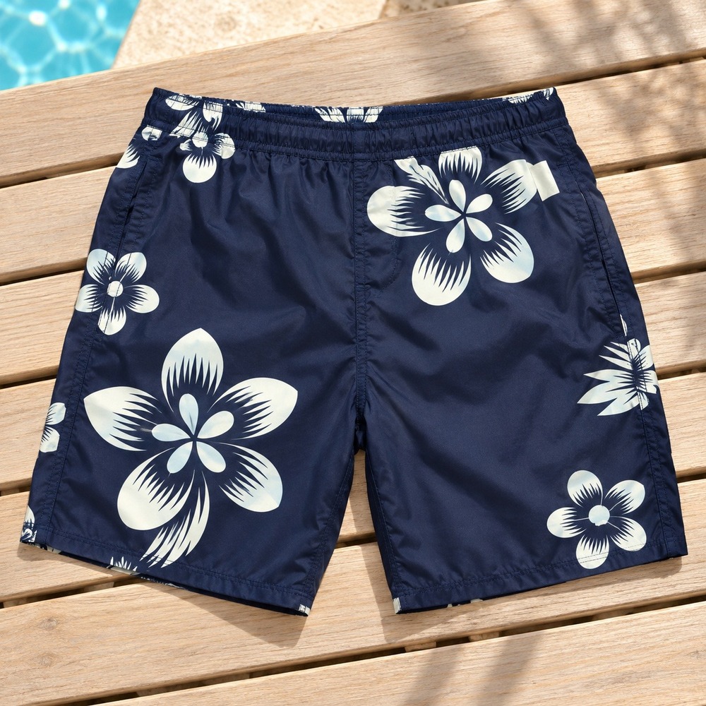 Bather Swim Trunks Mens Medium Navy Blue Floral Pineapple Tropical Aesthetic